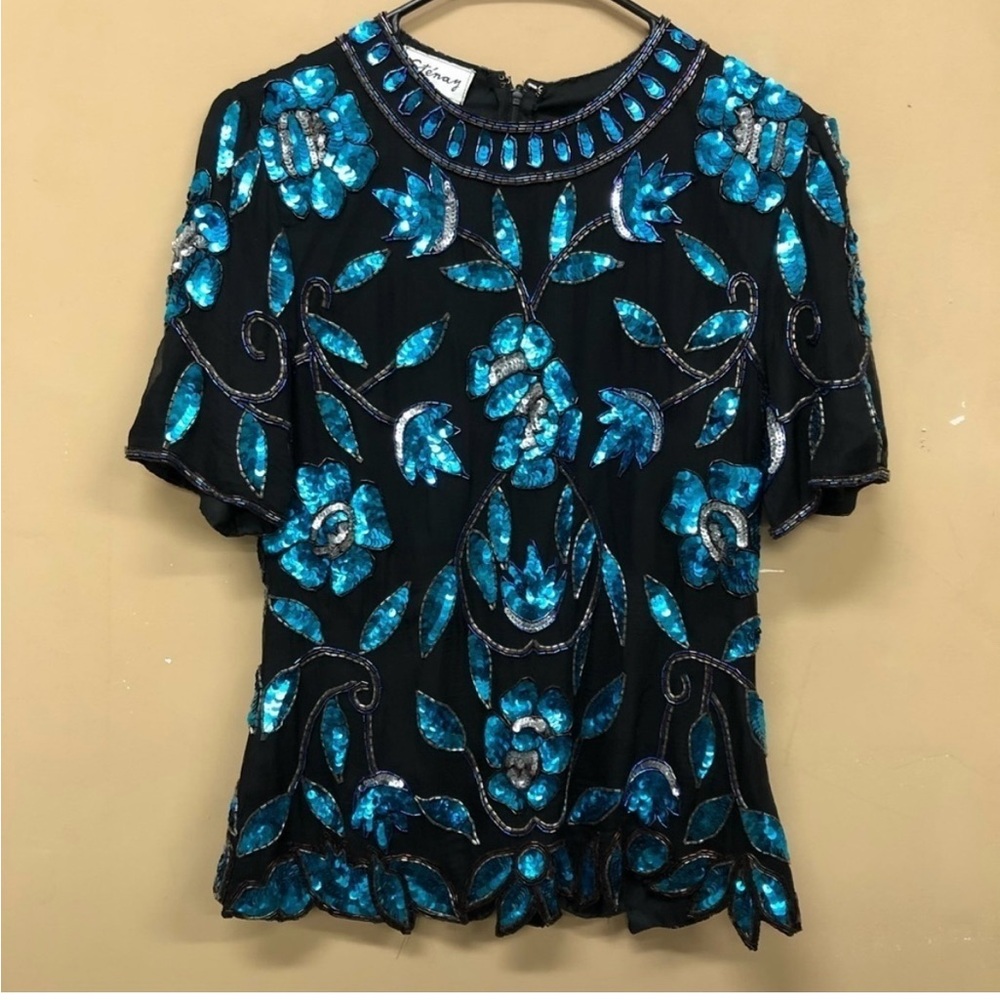Stenay Floral Sequin Beaded Top Blouse Size 18, fits like a M